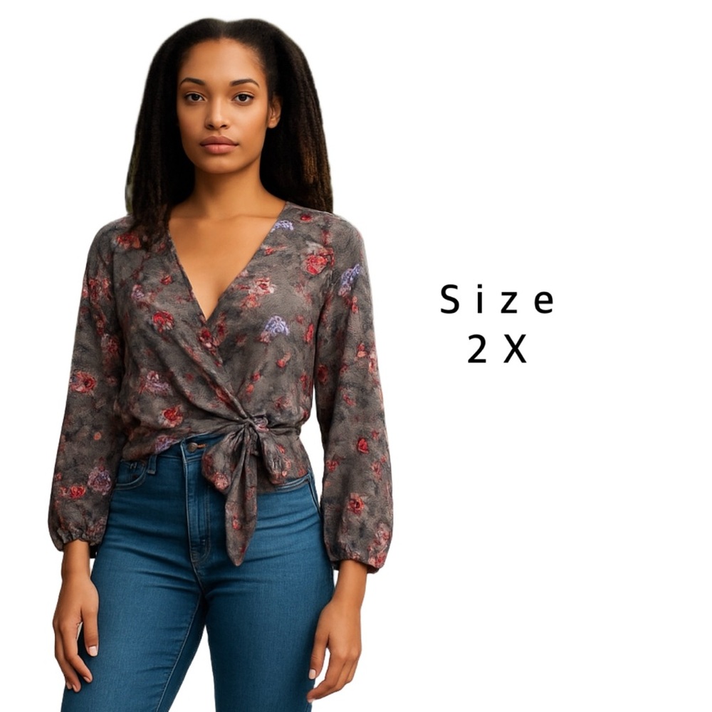 New York Laundry 2X Wrap Top Brown Plaid Floral Long Sleeve Tie Front NWT